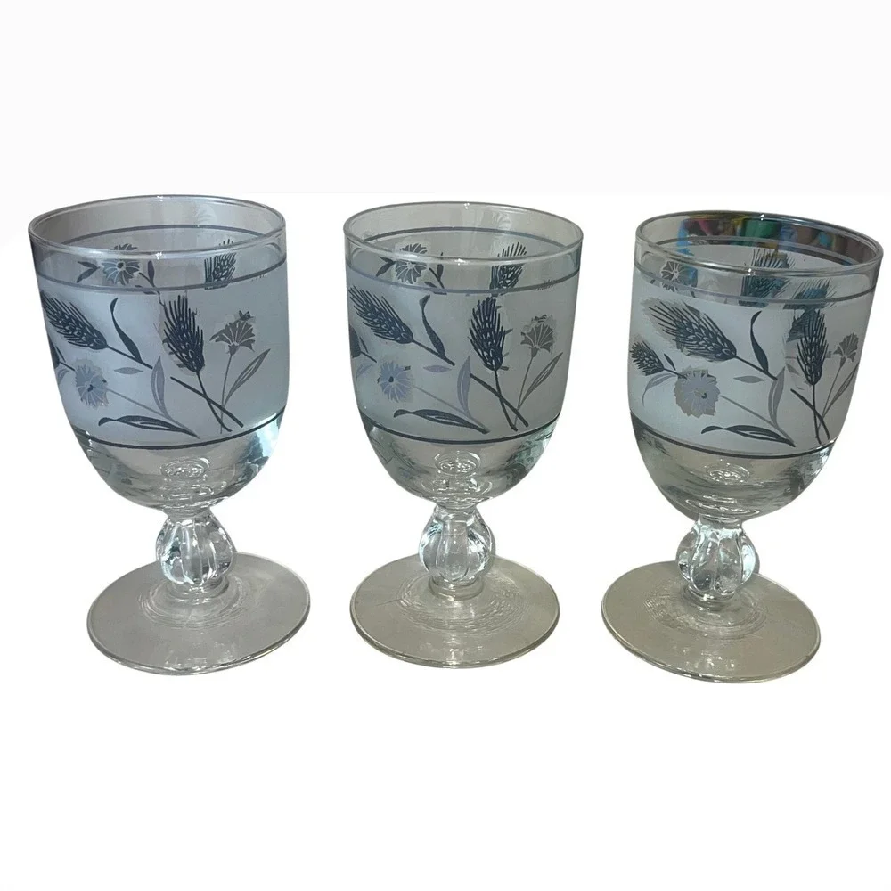 Vintage Libbey Silver Wheat Frosted Glass Goblet‎ Mid-Century Mint Condition